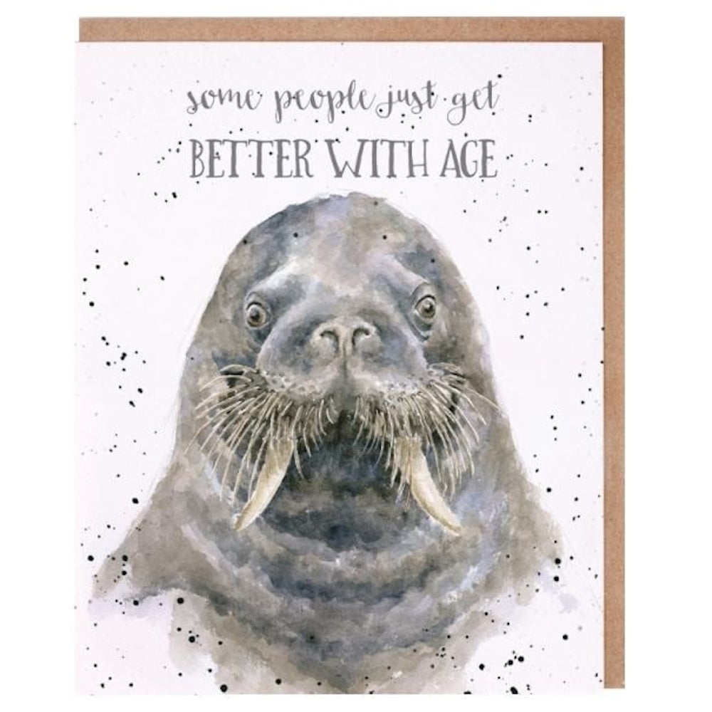 Watercolor walrus birthday card with text: some people just get BETTER WITH AGE. Hand-painted animal illustration.