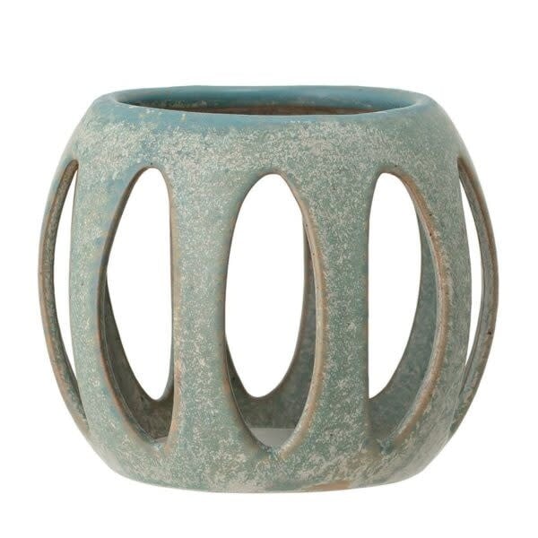 4" Round x 3.75"H Stoneware Candle Holder, Reactive Glaze, Green — alternate view 2