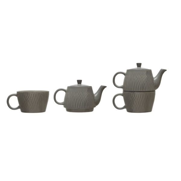 Debossed Stoneware Tea for One, Reactive Glaze, Grey, Set of 2 — alternate view 2