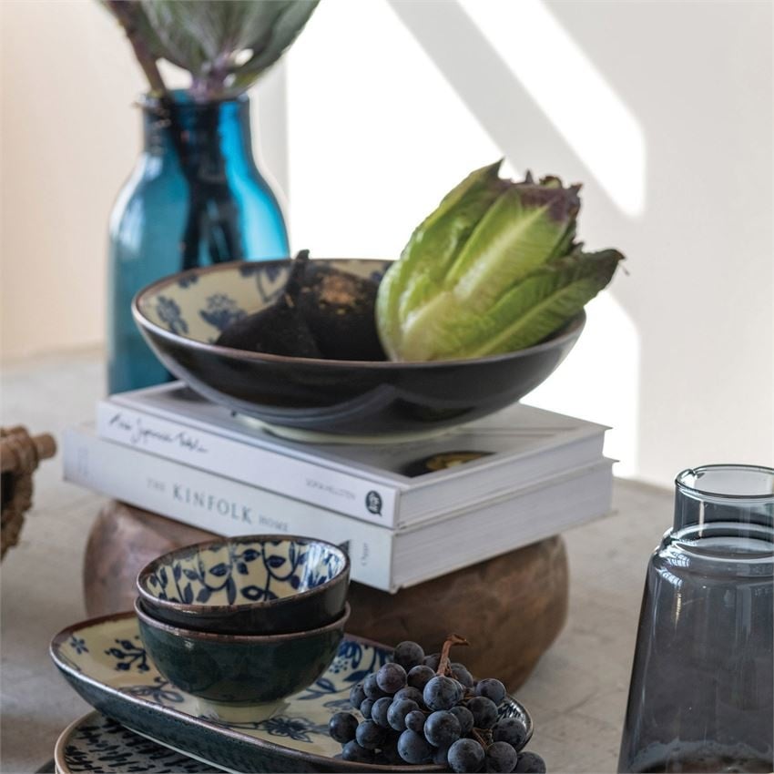 Stoneware Bowl with Pattern, Blue & Cream Color — alternate view 2