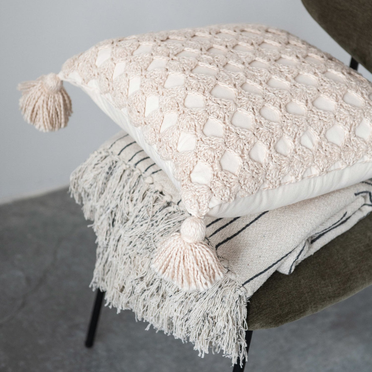 Cotton Crocheted Pillow with Tassels — alternate view 2