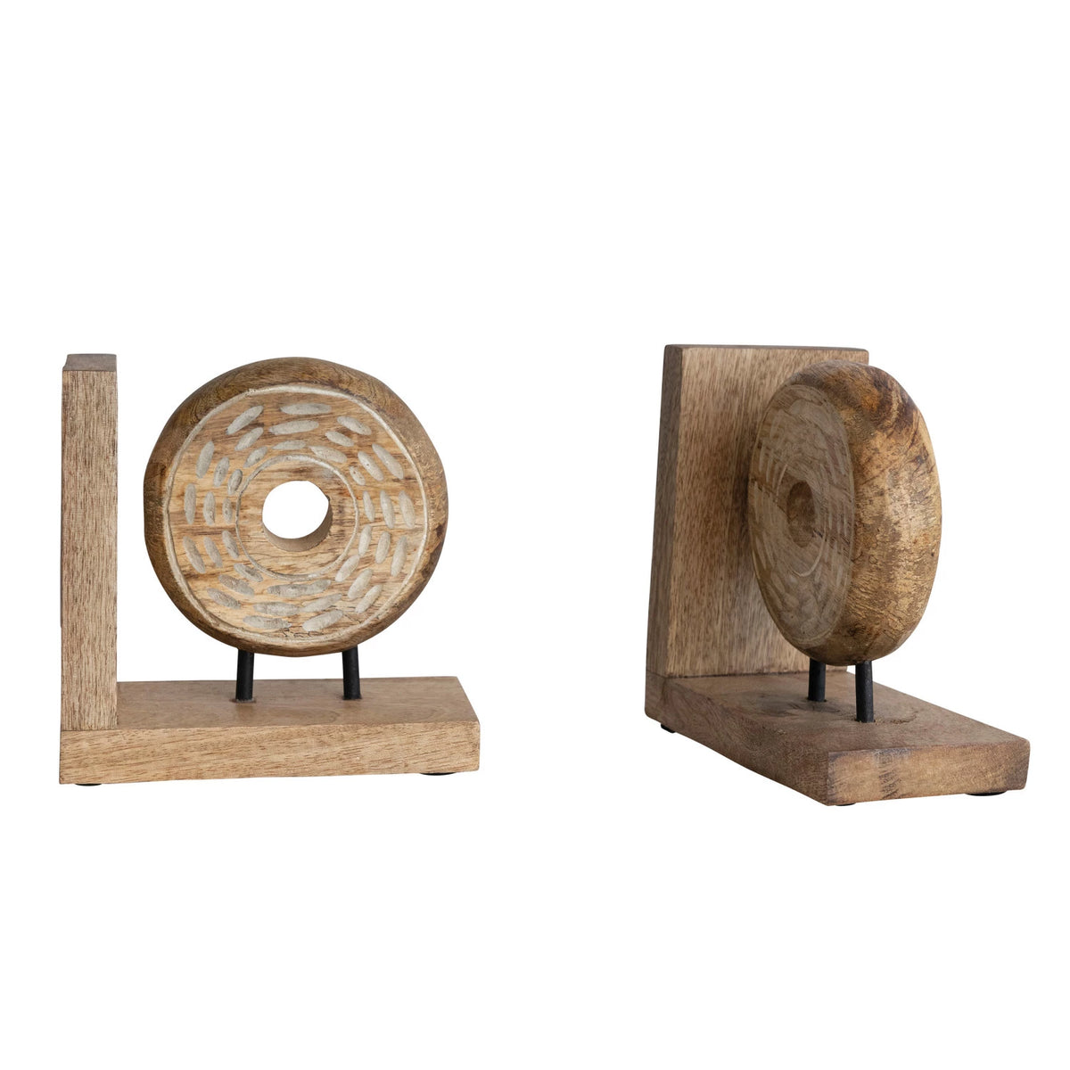 Hand-Carved Mango Wood & Metal Circle Bookend on Stand-1 Piece — alternate view 2