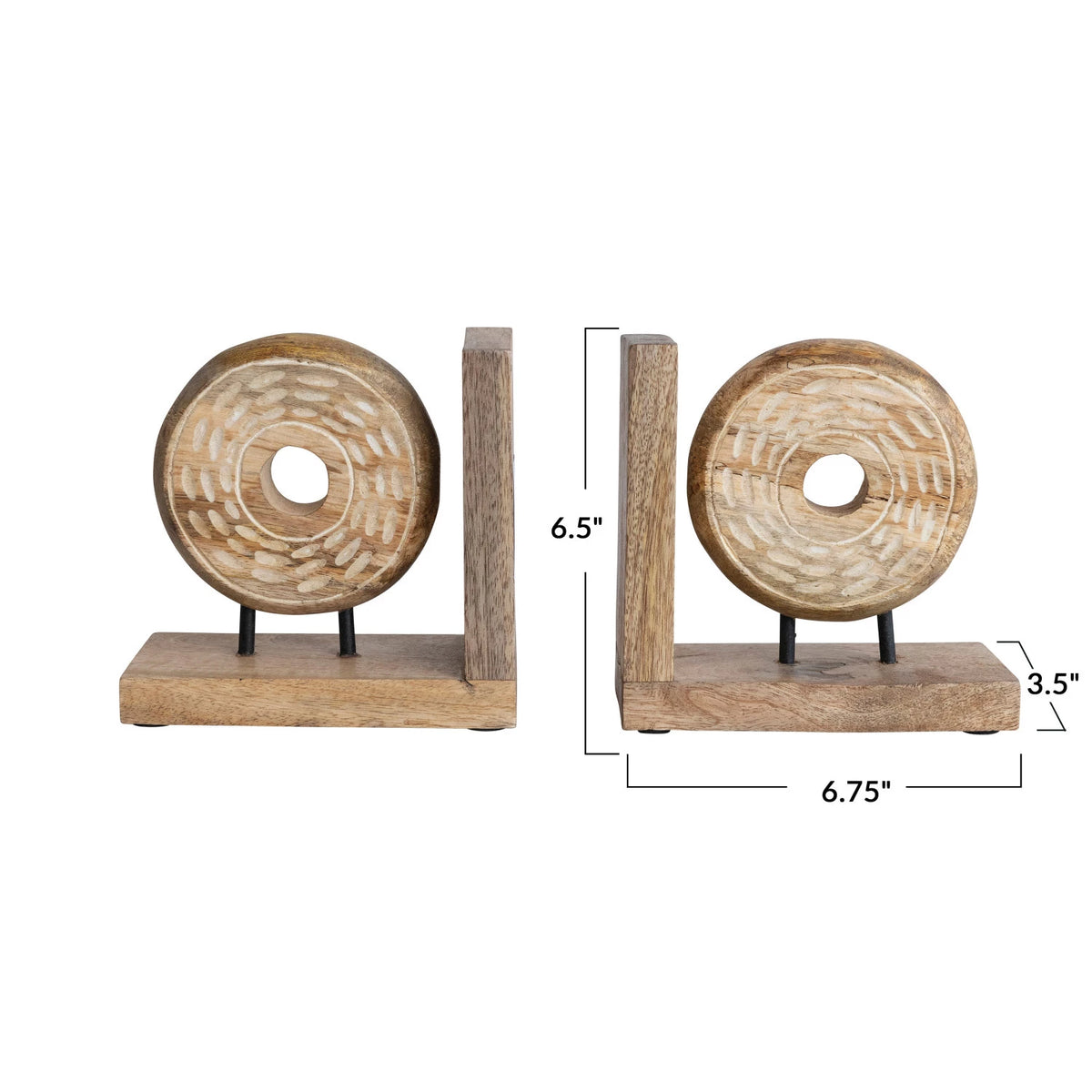 Hand-Carved Mango Wood & Metal Circle Bookend on Stand-1 Piece — alternate view 3