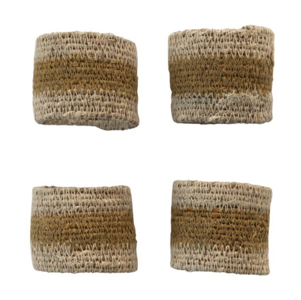 Hand-Woven Seagrass Napkin Rings w/ Stripe, Natural & Mustard Color