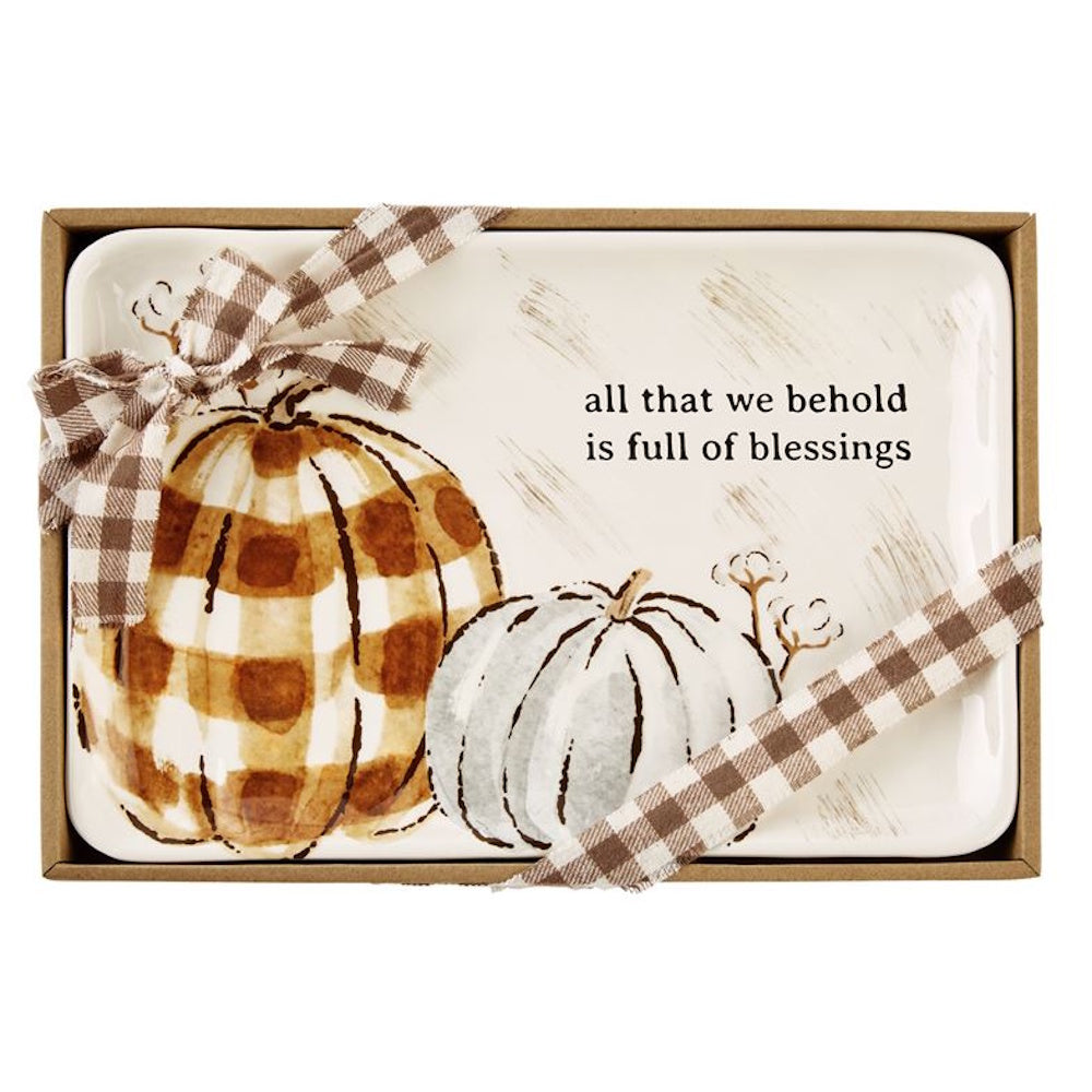 Ceramic pumpkin sentiment tray packaged in a brown box with a plaid ribbon tied in a bow.