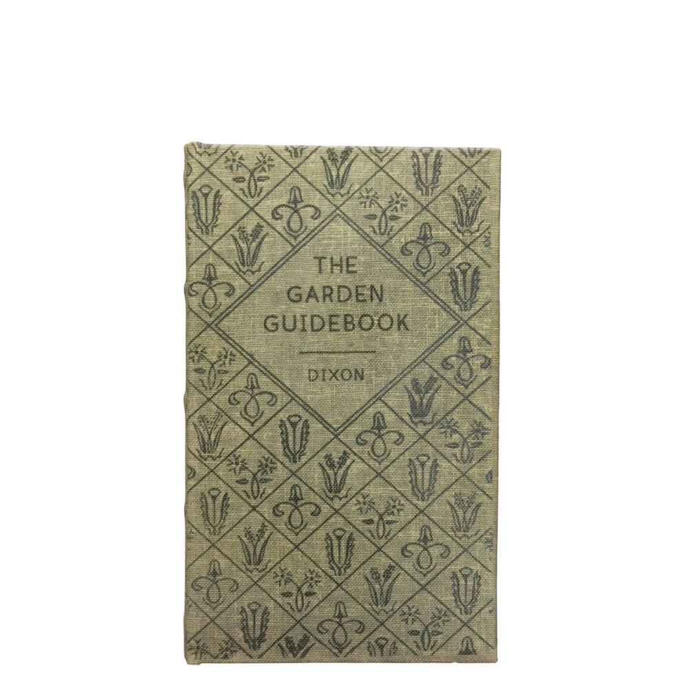 Vintage green canvas book storage box featuring "The Garden Guidebook" title and botanical diamond pattern.