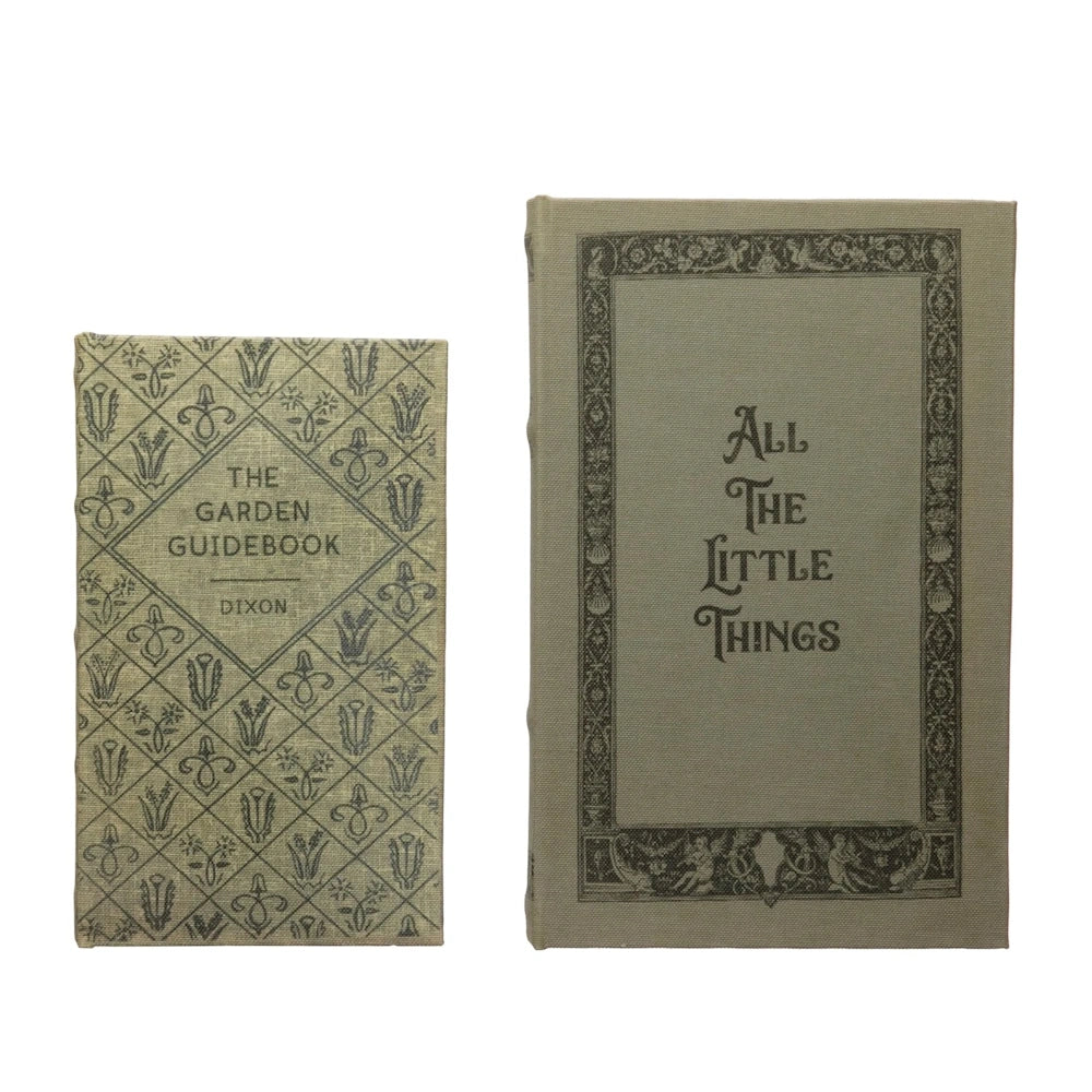 Vintage-style "The Garden Guidebook" and "All The Little Things" decorative book storage boxes in olive green canvas.