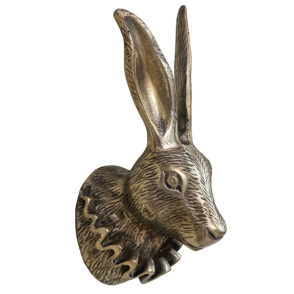 Vintage brass rabbit head wall hook featuring a whimsical ruffled collar and long ears, antique bronze finish.