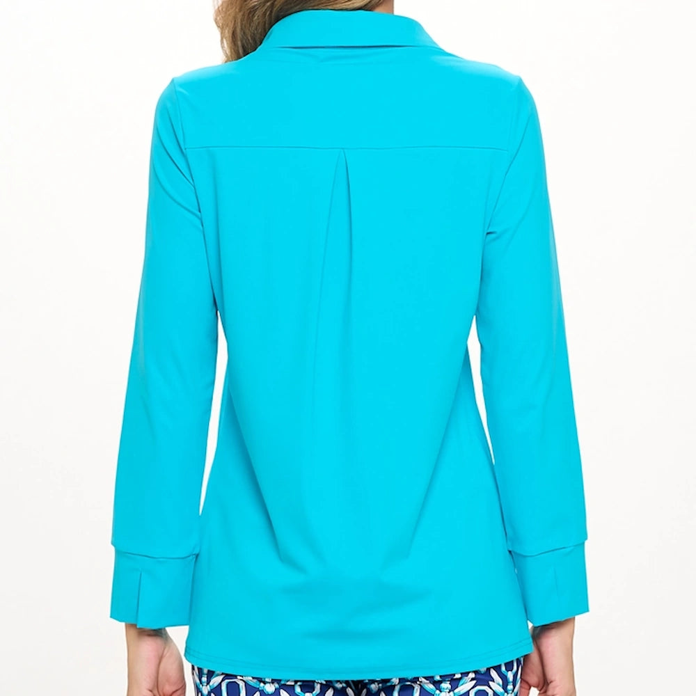 Back view of a turquoise Amber long sleeve polo top with a collared neck and pleated back detail.