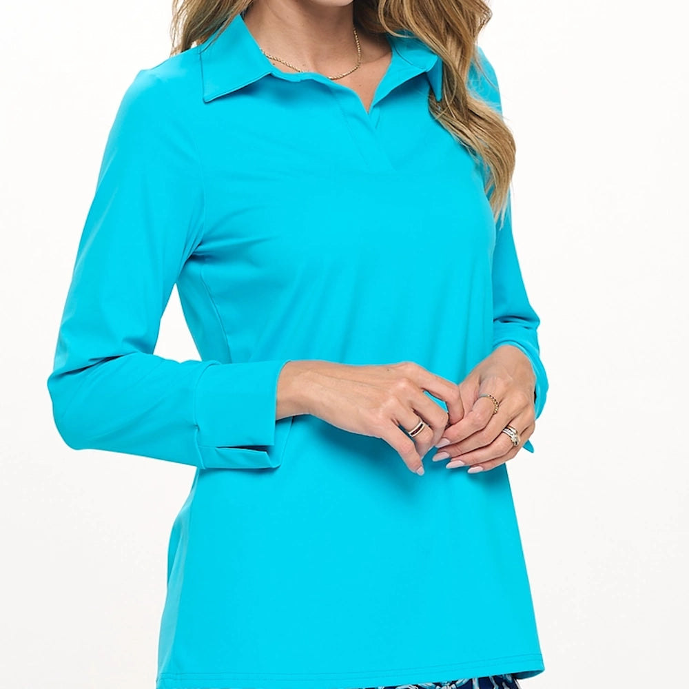 Turquoise long-sleeve polo top with a collar and v-neckline, featuring folded cuffs on the sleeves.
