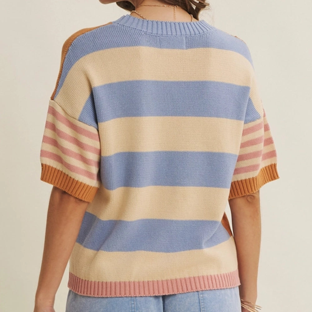 Back view of a short-sleeved knit sweater featuring light blue, beige, pink, and ochre stripes.