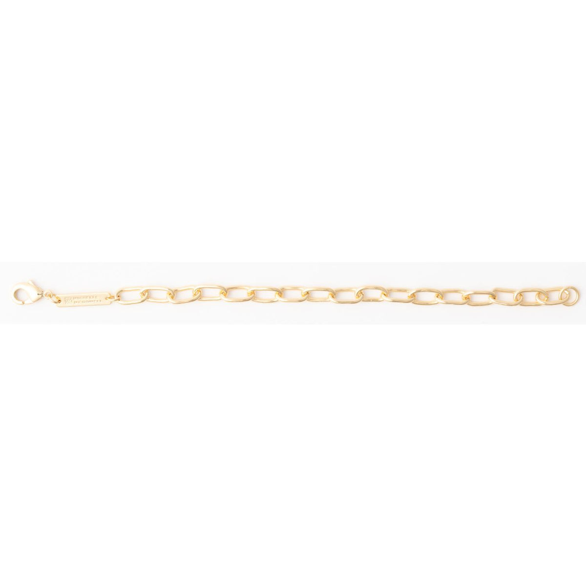 Gold oval link chain bracelet with a lobster clasp and rectangular metal logo tag.