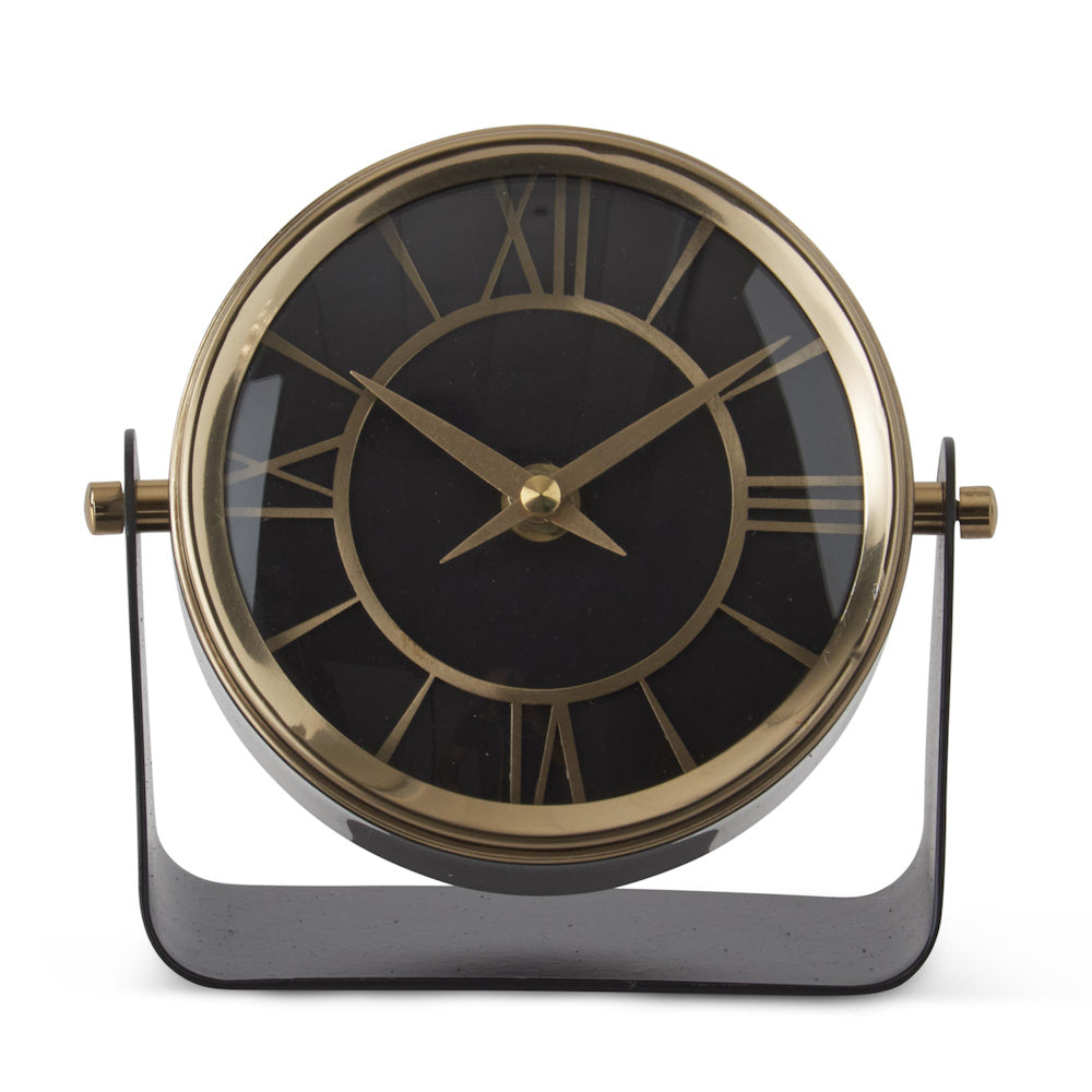 Antique Brass Round Clock on Matte Black Stand — alternate view 2