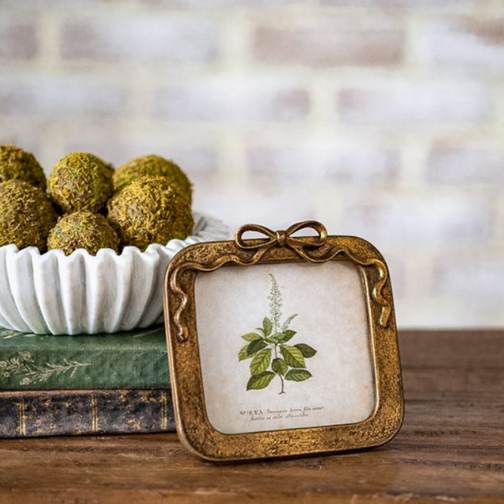 Botanical art print in an antique gold frame with a bow accent, set on a wooden table.