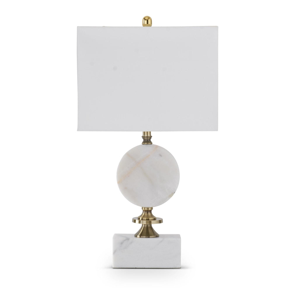 Arabescato white marble table lamp with gold disc accent and rectangular white fabric shade.