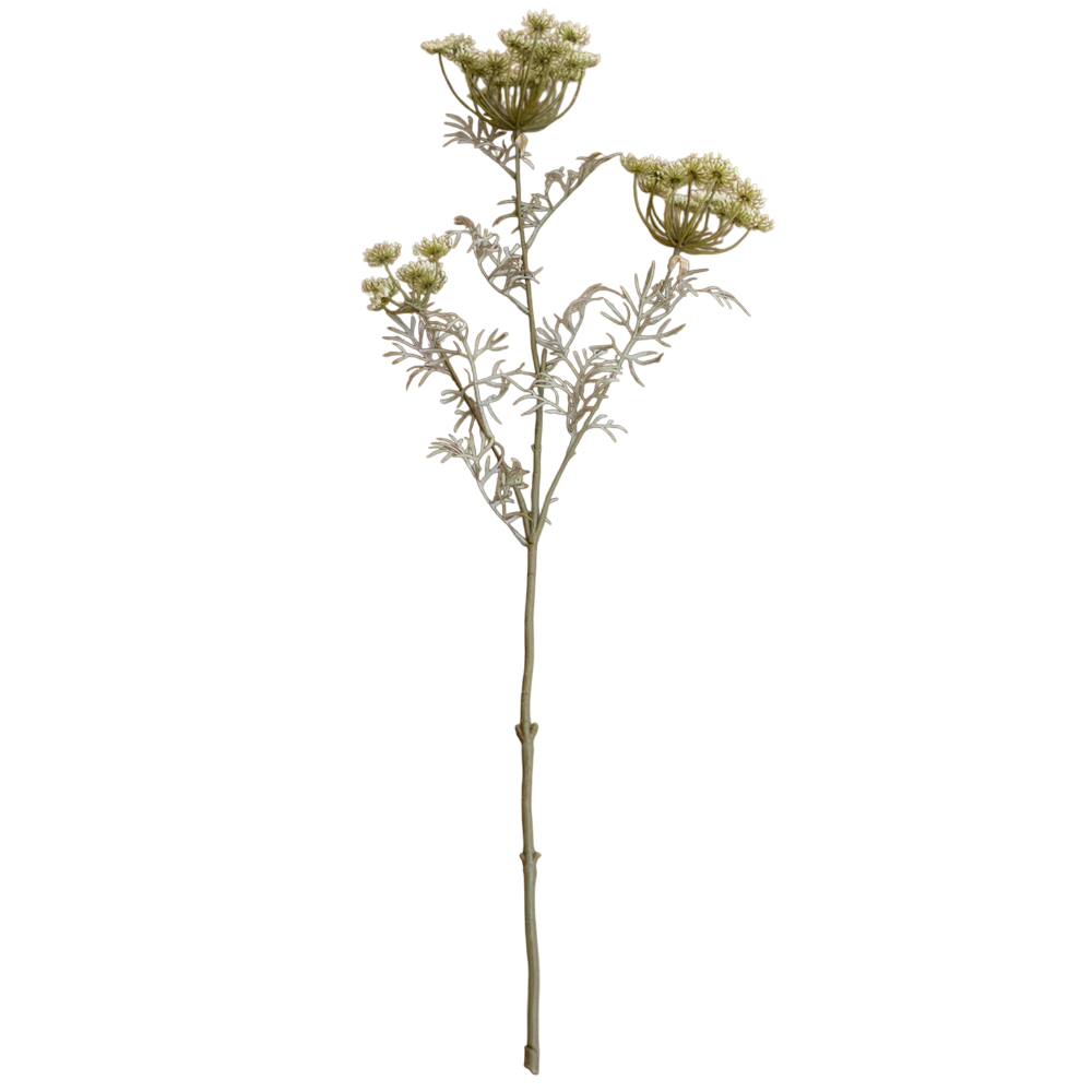 Artificial lace flower spray with pale green, umbel-shaped blooms and feathery, delicate foliage on a single stem.