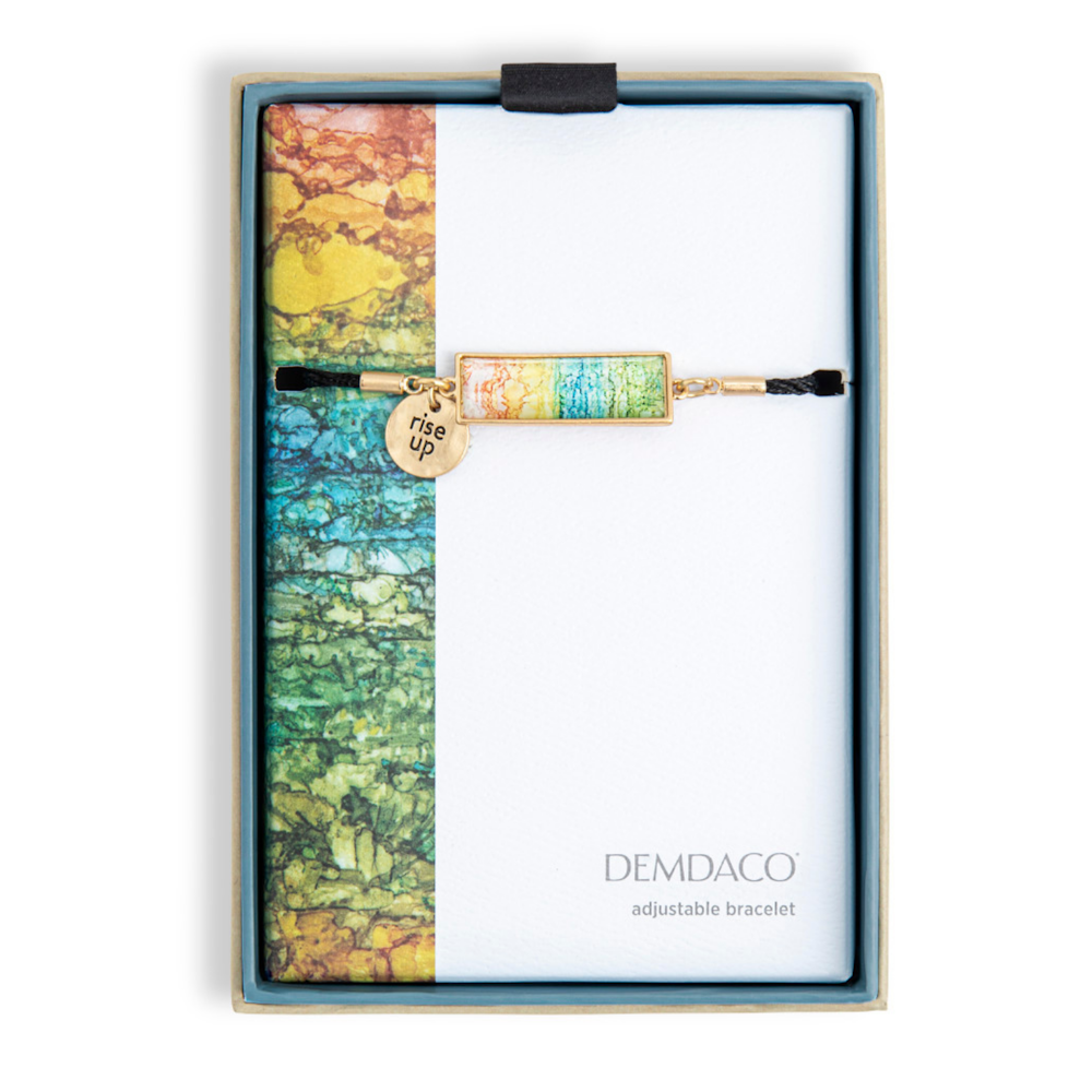 Adjustable bracelet with a colorful bar and "rise up" charm, presented in a Demdaco gift box.