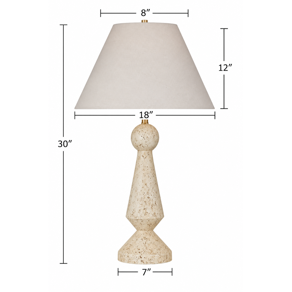 Dimension diagram of a 30-inch tall speckled table lamp with shade measurements of 8, 18, and 12 inches.