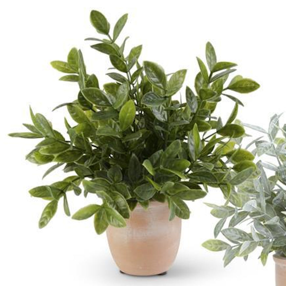 Artificial 11-inch green herb plant in a weathered terracotta pot for home or kitchen decor.