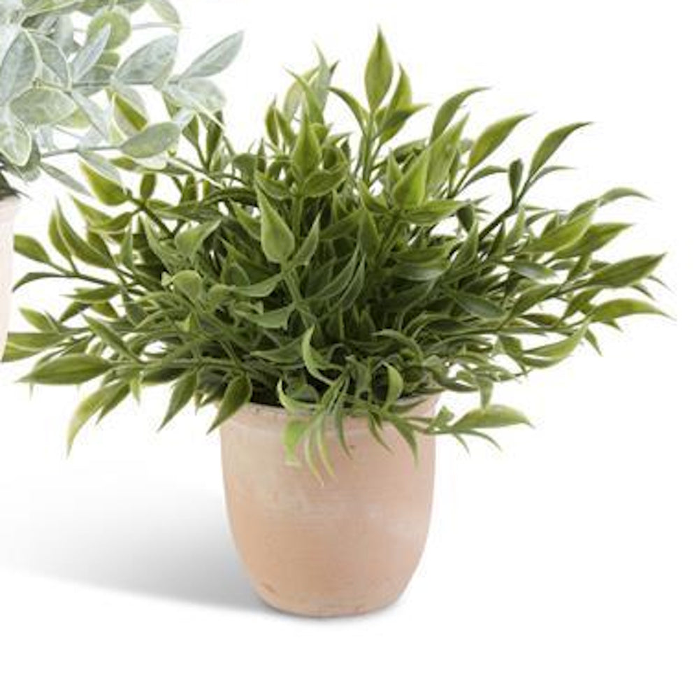 Artificial green herb plant in a small terracotta pot, 11-inch decorative faux greenery for indoor home or office decor.