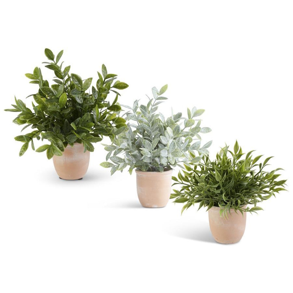 Assorted 11-inch artificial herbs in small terracotta pots on a white background.