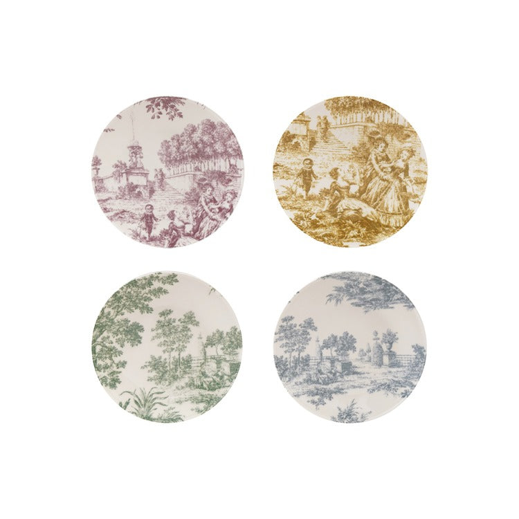 A set of four round stoneware plates featuring toile garden scenes in purple, gold, green, and blue.