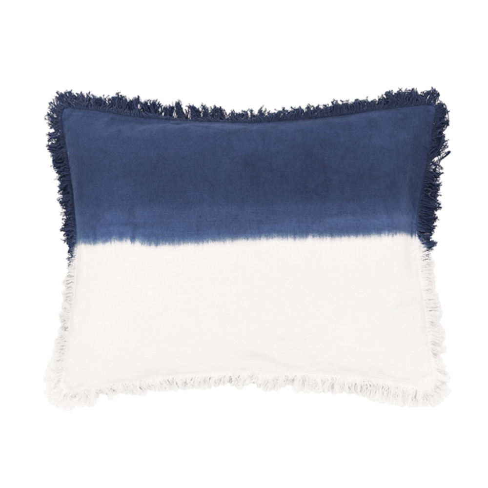Rectangular throw pillow with a dip-dyed navy blue and white design and matching fringed edges.