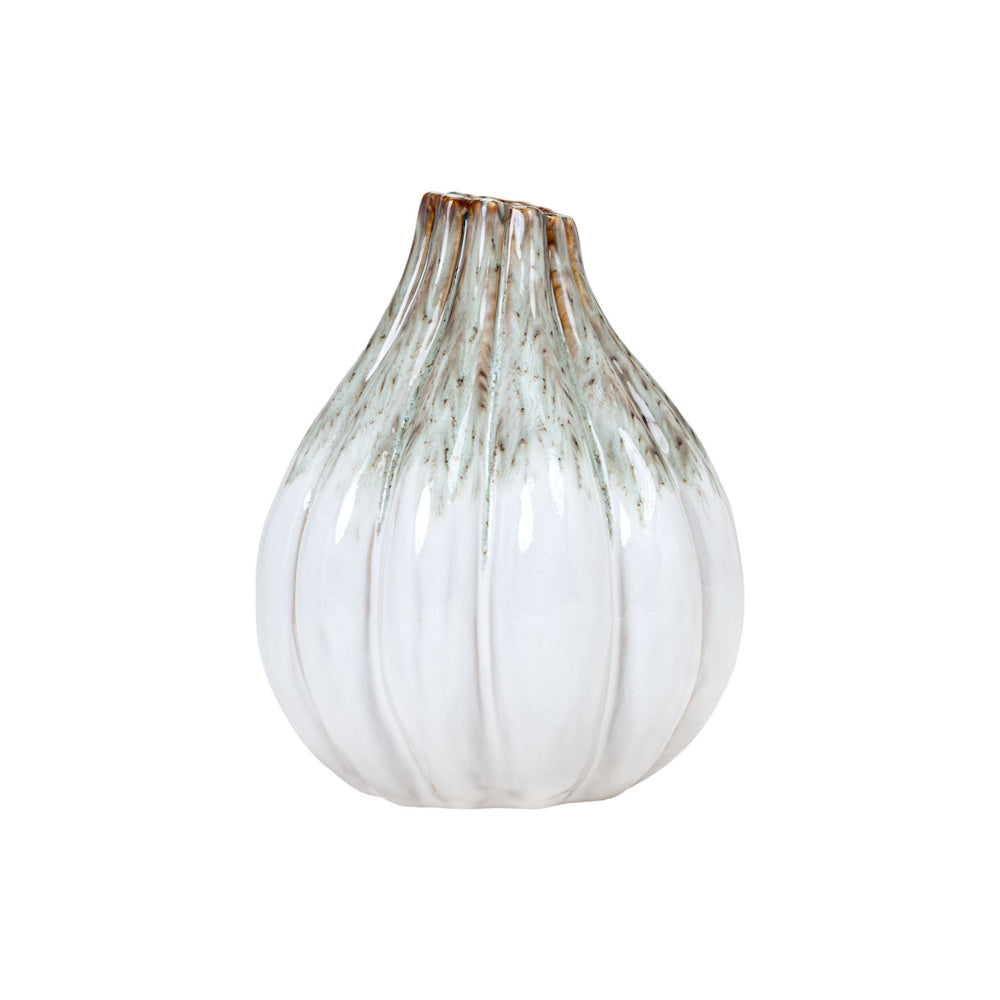 Short Audrix stoneware vase featuring a white ribbed bulbous body and a rustic green and brown glazed neck.