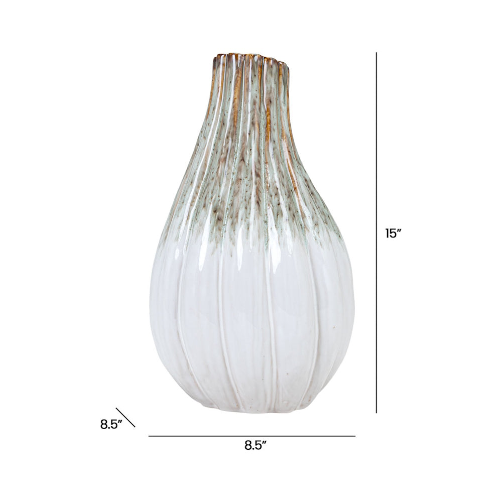 Audrix tall ribbed ceramic vase with white and green glazed finish. Dimensions: 15" height by 8.5" width and depth.