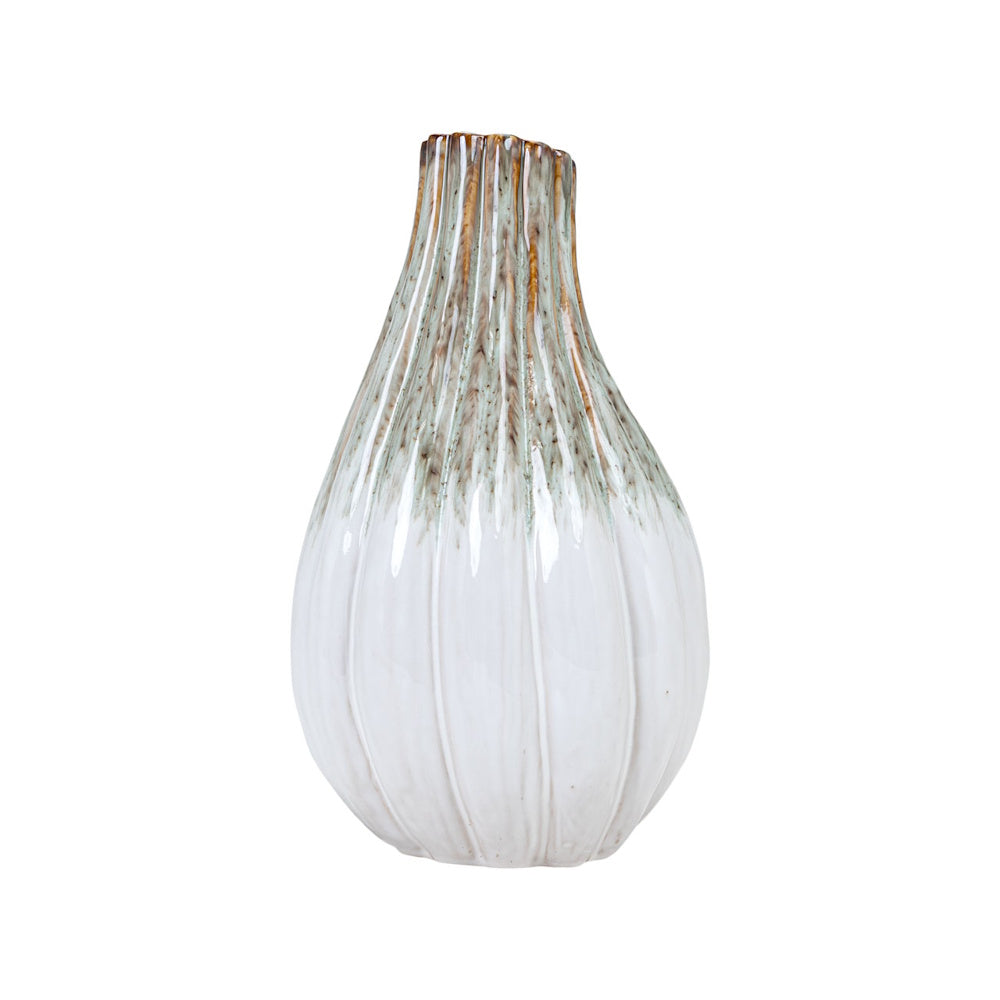 Audrix Tall Ribbed Stoneware Vase with white and earth-tone reactive glaze, organic teardrop shape for home decor.