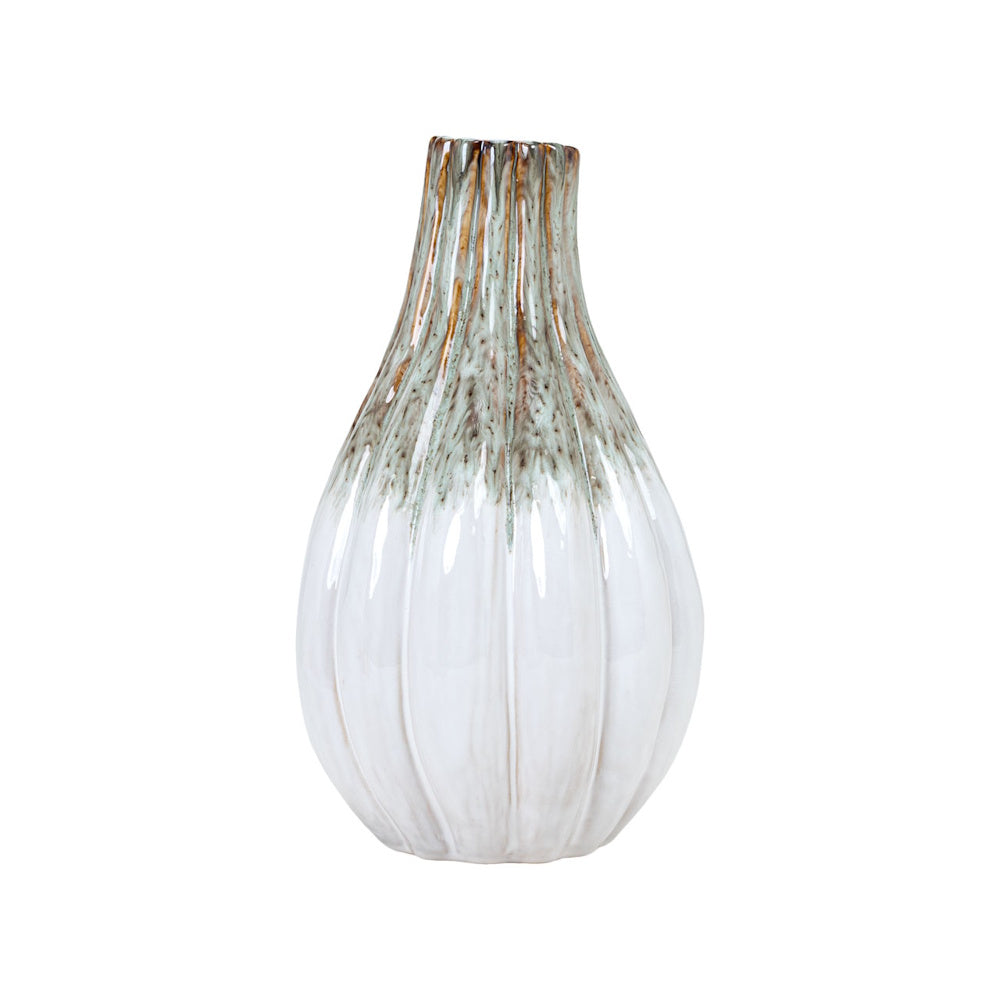 Tall Audrix vase with ribbed texture, white glazed base, and brown and green reactive drip glaze on the neck.