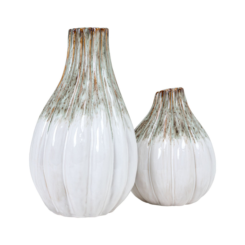 Pair of white ribbed Audrix stoneware vases with a brown ombre finish on a white background.