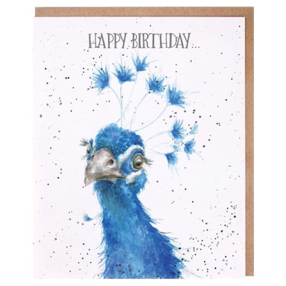 Watercolor peacock birthday card with blue plumage, stylized head feathers, and "HAPPY BIRTHDAY..." text.