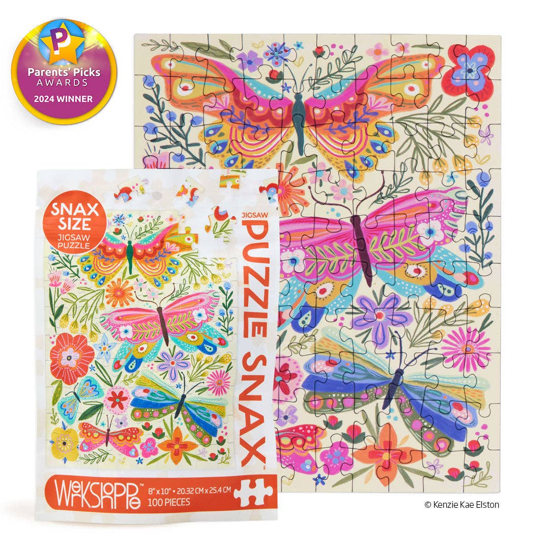 Colorful butterfly puzzle with packaging on a white background