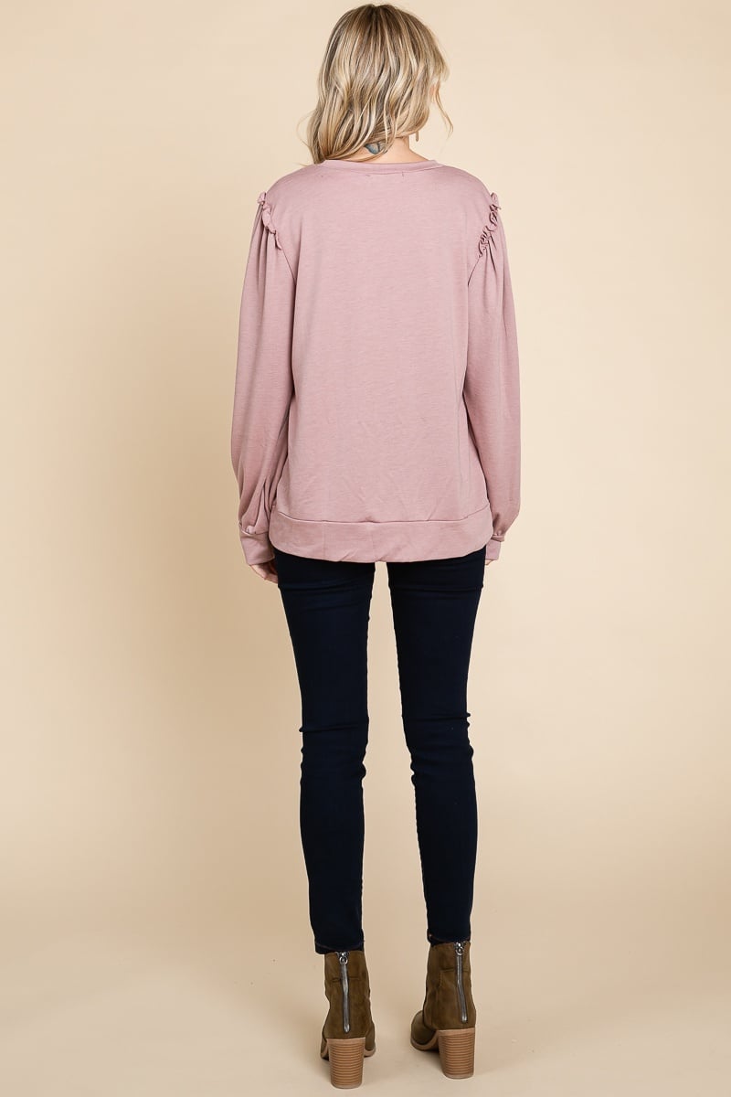Women's Solid Round Neck Knit Top with Ruffle — alternate view 5