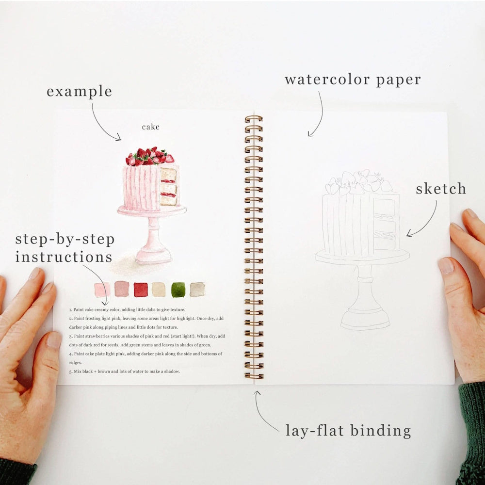 Open watercolor workbook showing a strawberry cake painting with step-by-step guides and a faint pencil sketch.