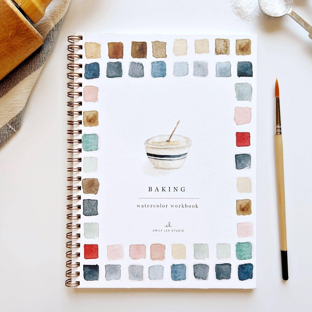 Watercolor Baking Workbook by Emily Lex Studio featuring a mixing bowl and colorful paint swatches on the cover.