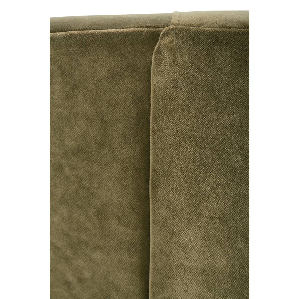 Close-up detail of stitched seams on olive green velvet upholstery.