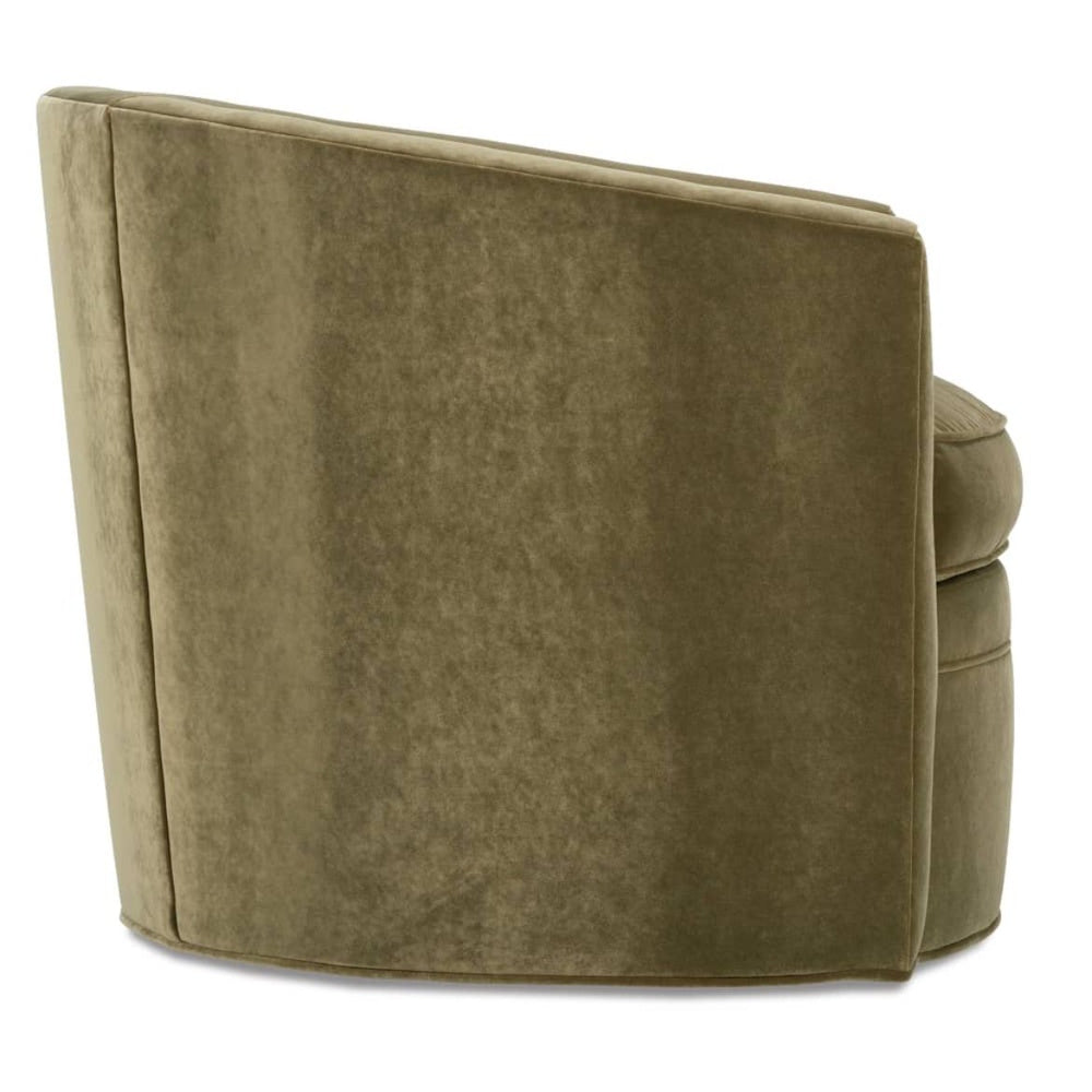 Side profile view of an olive green velvet barrel swivel chair showing its rounded silhouette.