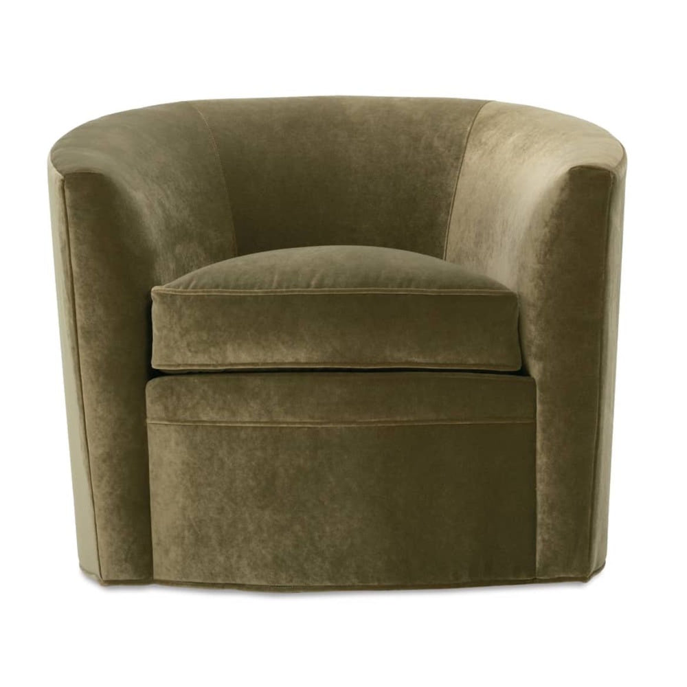 Olive green velvet barrel swivel armchair with a thick plush seat cushion.