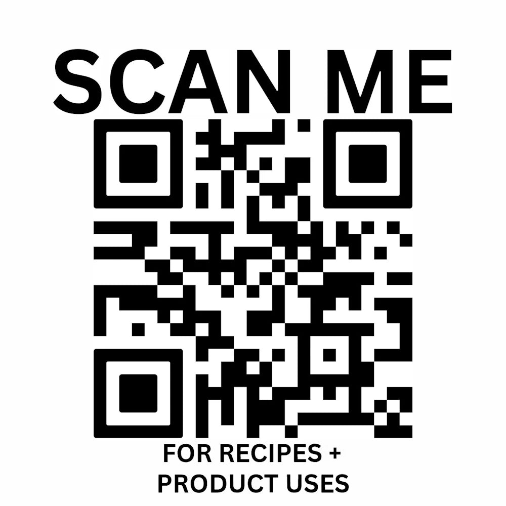 QR code with "SCAN ME" text above and "FOR RECIPES + PRODUCT USES" below for barrel-aged balsamic vinegar.