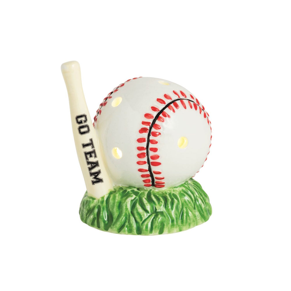 Decorative baseball-shaped porcelain light with red stitching and miniature bat on a grassy pedestal.
