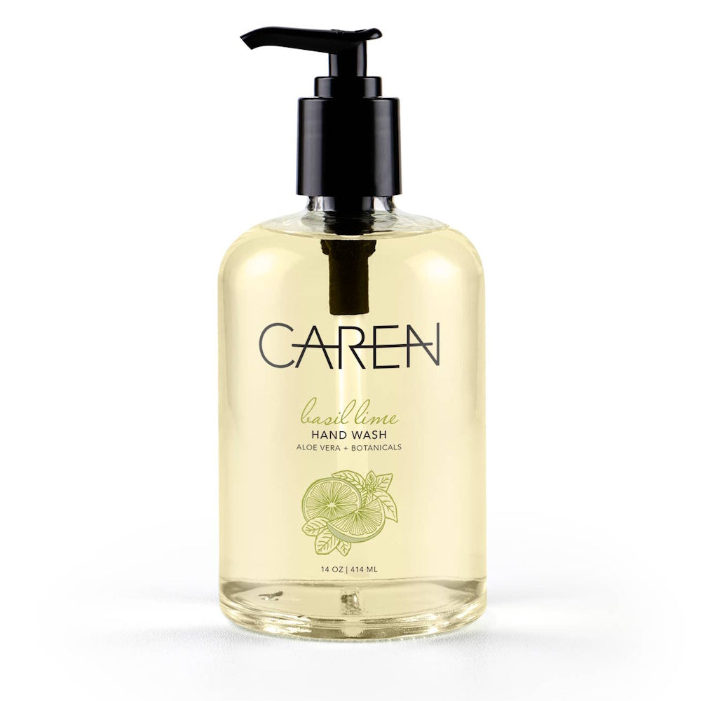A clear bottle of Caren Basil Lime Hand Wash with a black pump, featuring aloe vera and botanical extracts.