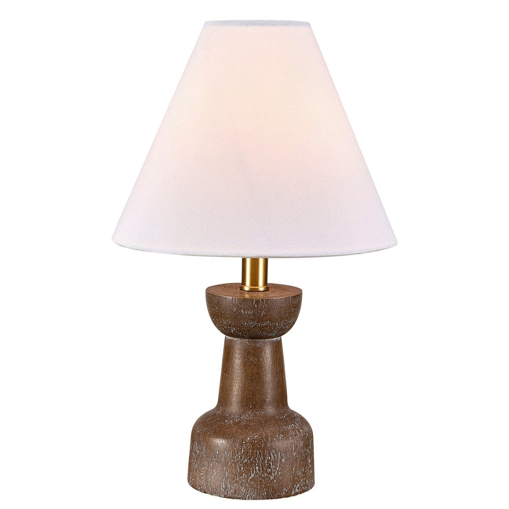 Modern rustic table lamp with a weathered brown wood base and a white tapered fabric drum shade.