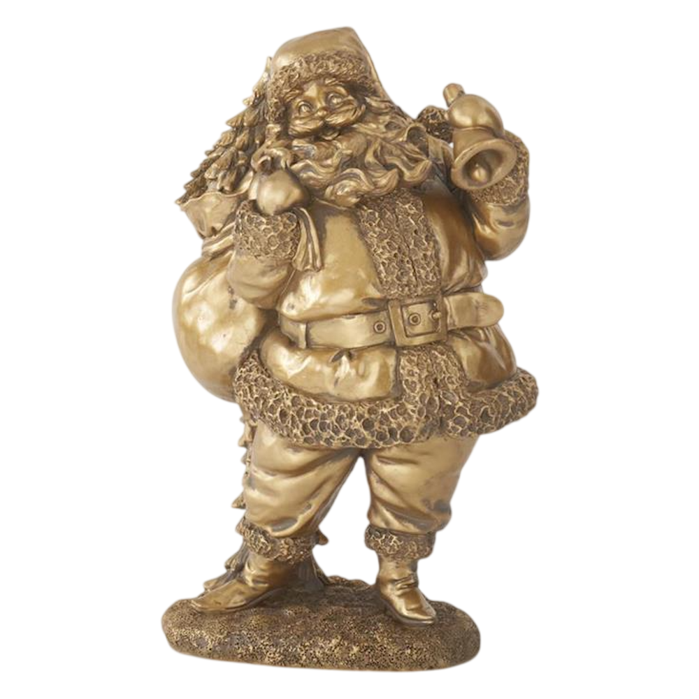 An antique gold resin Santa Claus figurine holding a holiday bell and carrying a sack of gifts.