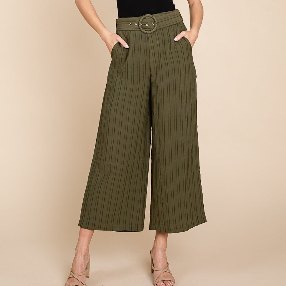 Olive green pinstripe wide-leg trousers with a matching O-ring belt.