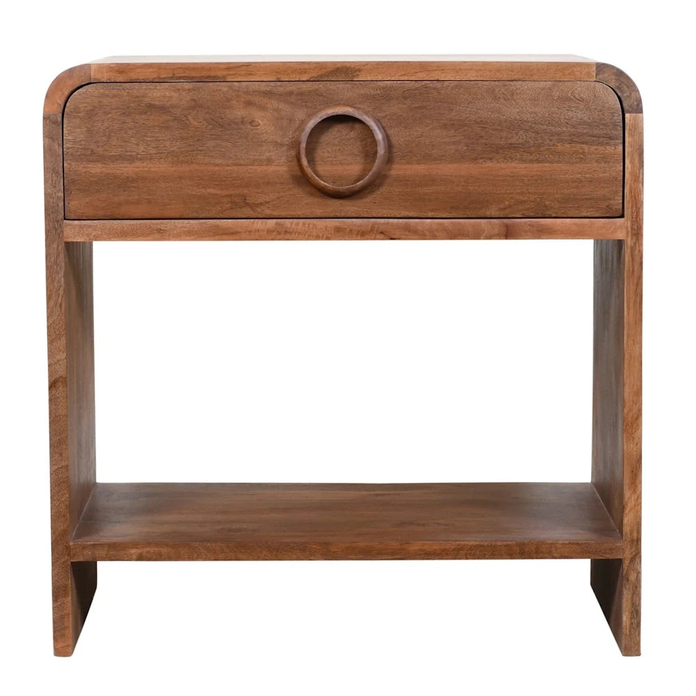 Natural wood accent table with rounded corners, ring pull drawer and open lower shelf.