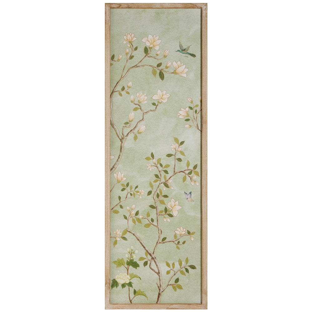 Vertical botanical art panel with a hummingbird, butterfly, and white flowers on green branches against a pale green background.
