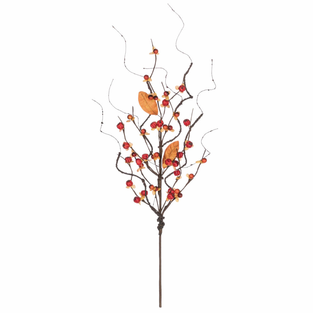 Artificial bittersweet spray branch with red berries and orange autumn leaves on a white background.