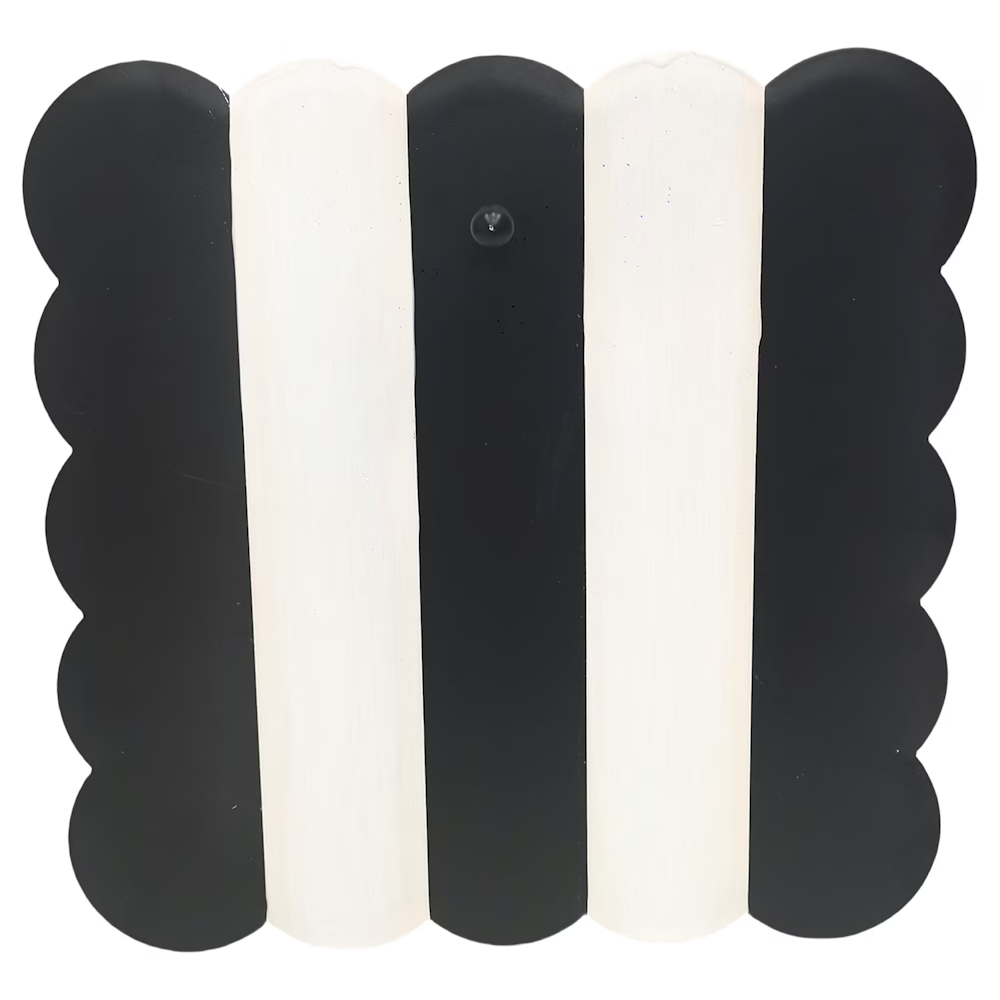 Black and cream vertical striped scalloped display board with a single hanging peg and hand-painted finish.